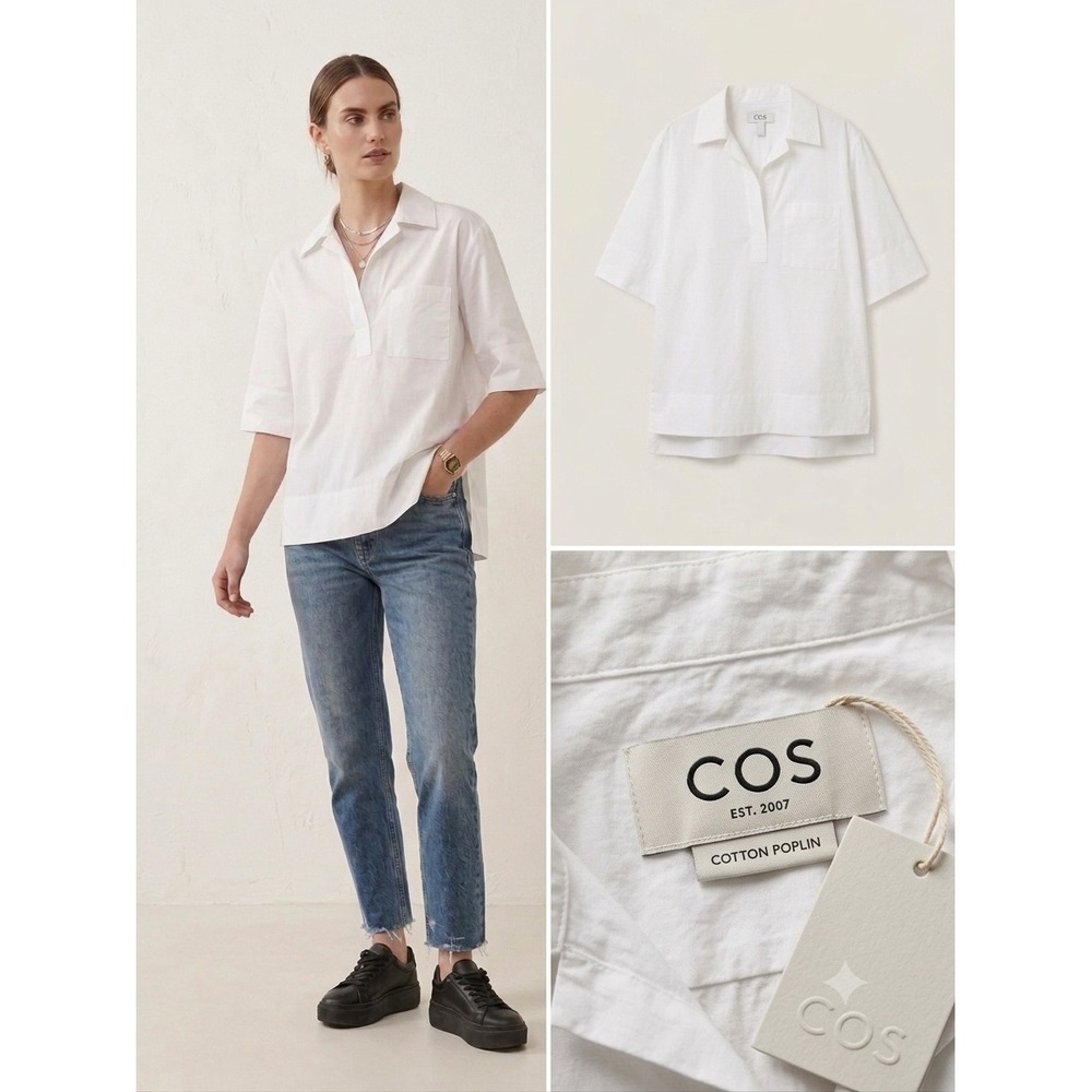 COS White Cotton Clean Girl Poplin Short Sleeve Polo Shirt Size 8 New With Tags
